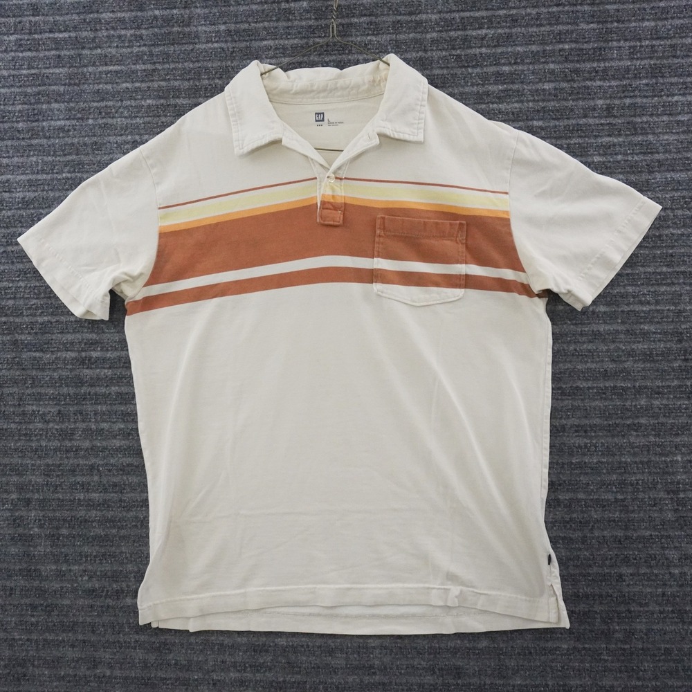 Gap Polo Shirt Mens Size L Cream Orange Retro Striped Chest Pocket